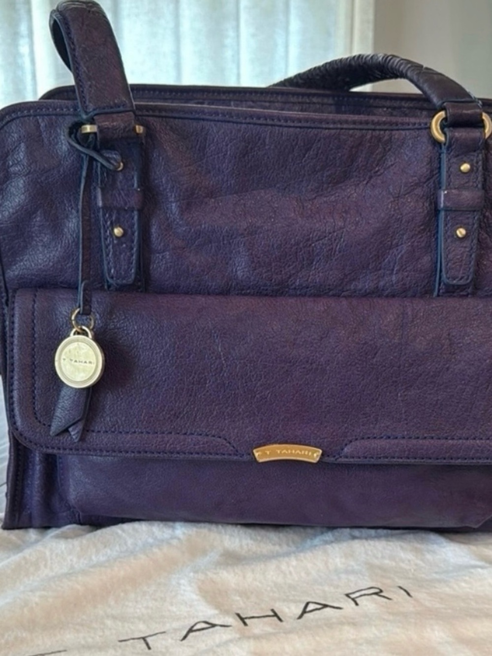 T Tahari Joy Double Compartment Purple Leather Shoulder Bag Vintage Gold